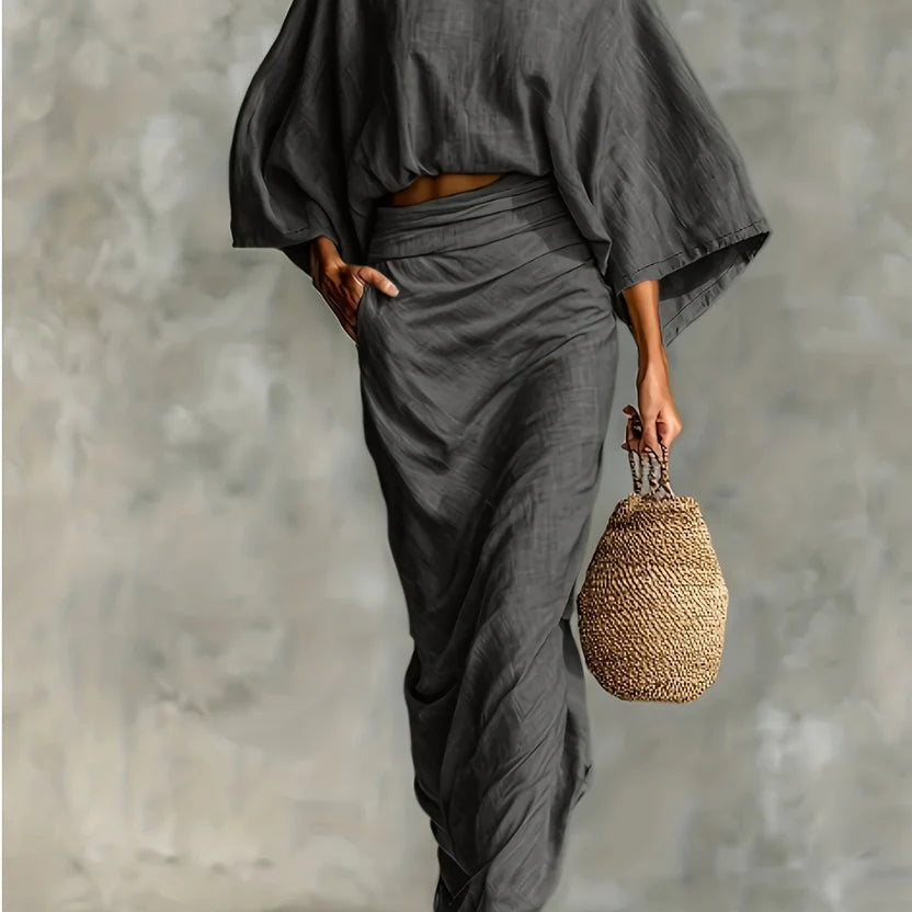 Women’s Two-Piece Skirt Set – Draped Sleeve Crop Top with Matching Flow Skirt Outfit