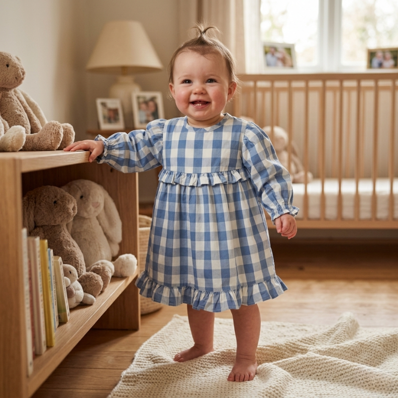 Blue Checkered Cotton Dress – Classic Vintage-Inspired Plaid Design