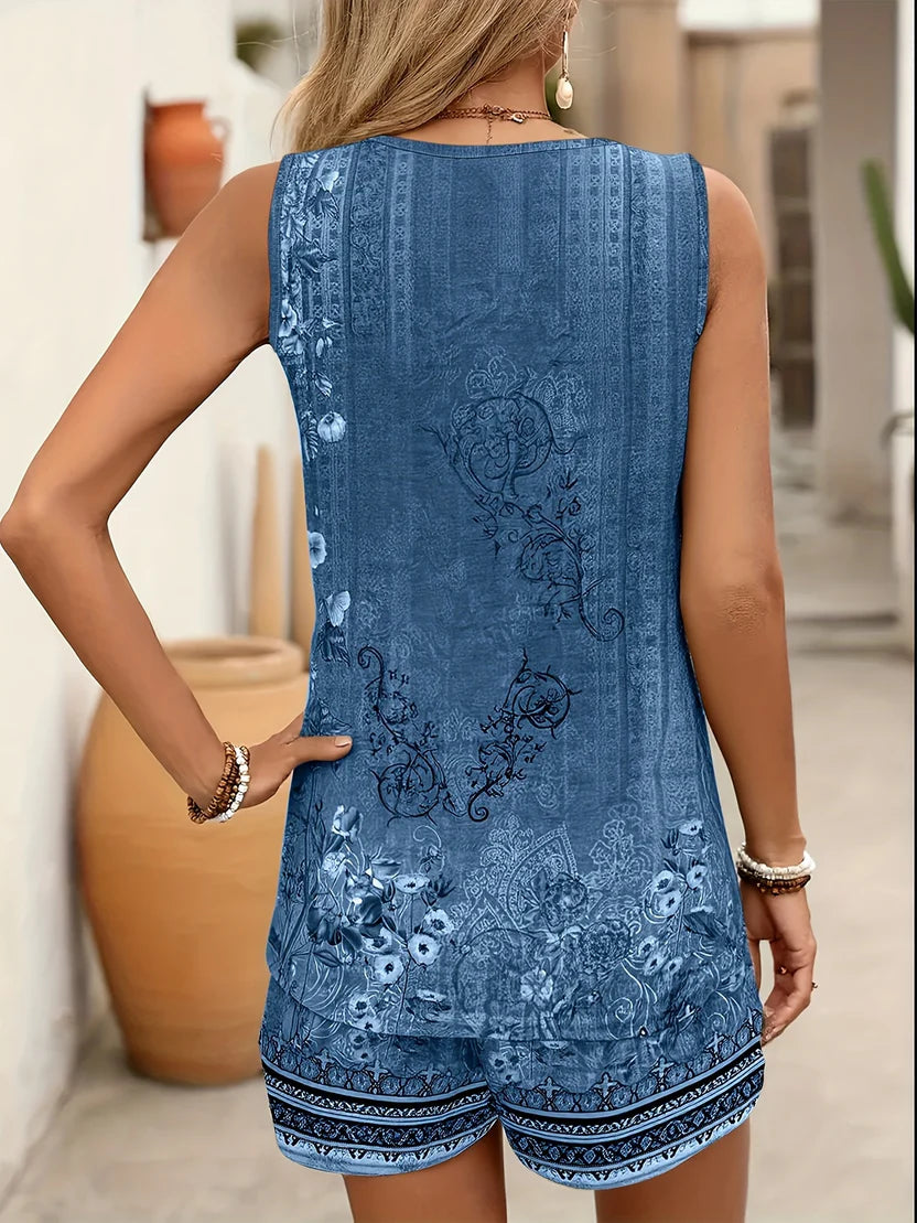 Women’s Summer Two-Piece Lounge Set – Sleeveless Fitted Tank Top with Adjustable Drawstring Shorts