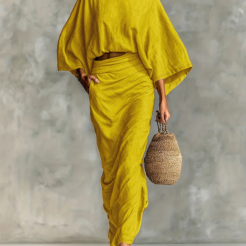 Women’s Two-Piece Skirt Set – Draped Sleeve Crop Top with Matching Flow Skirt Outfit