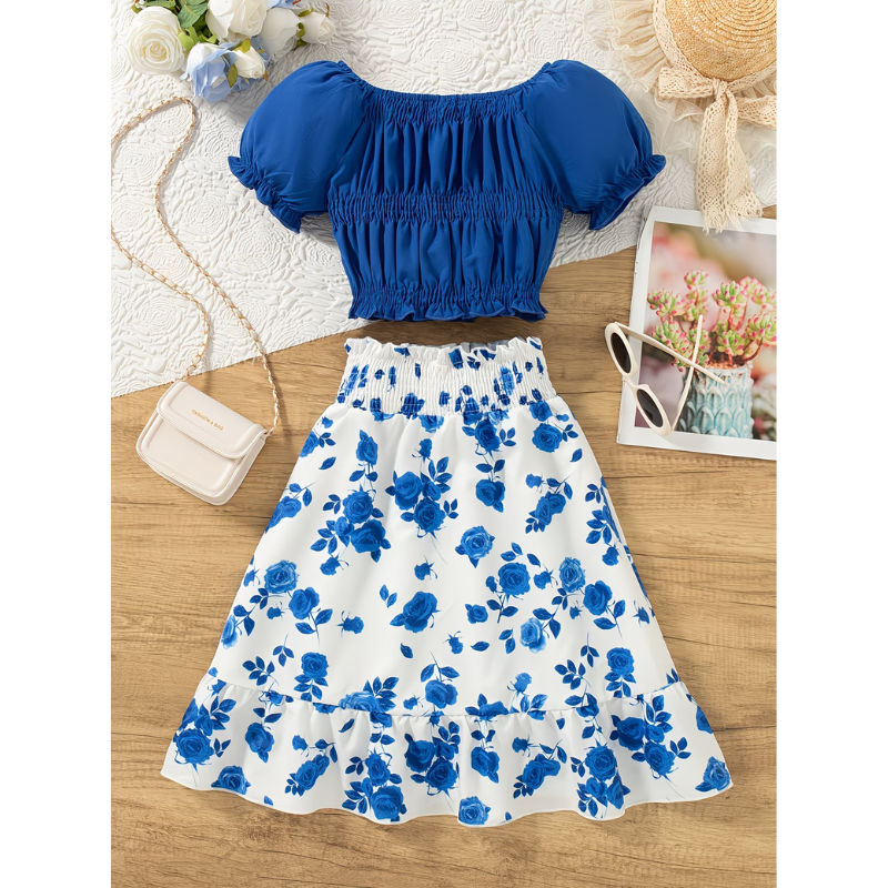 Girls Floral Skirt Outfit Set – Summer Puff Sleeve Top & Matching Casual Two Piece Fashion Set