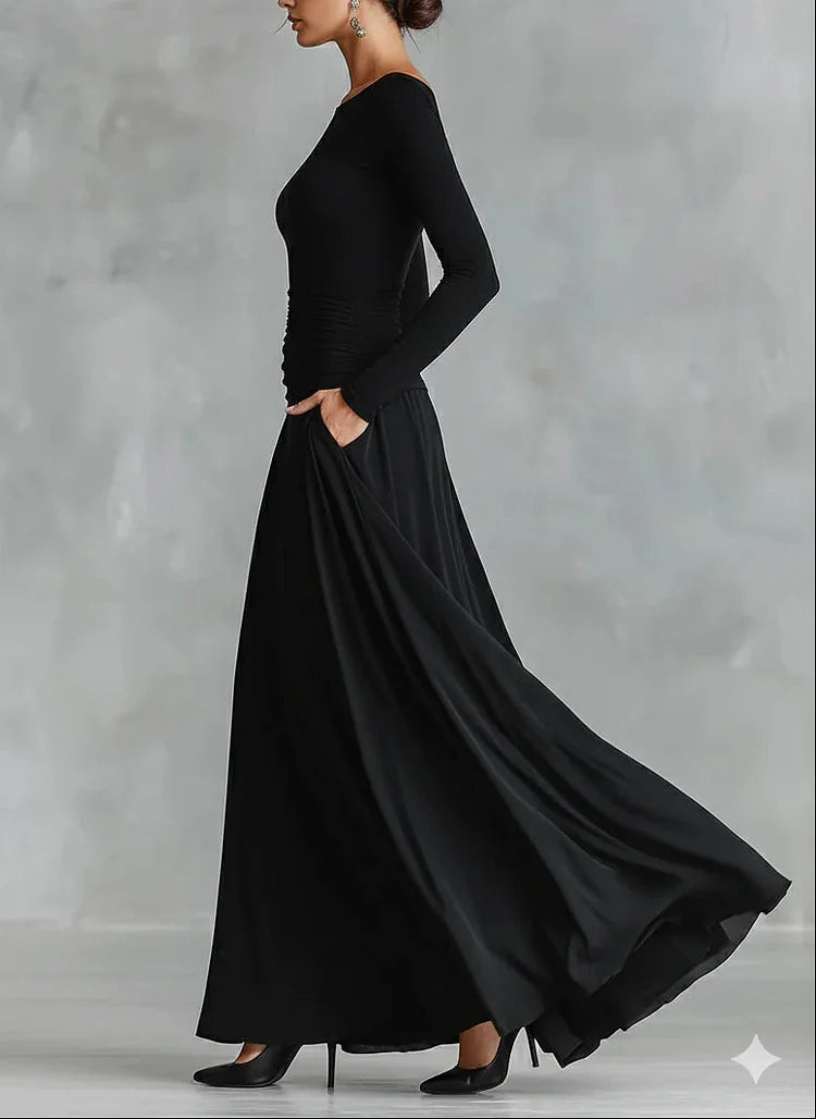 Ceri | Boat-Neck Ruched-Waist Flared Maxi Dress - Elegant Structured Apparel