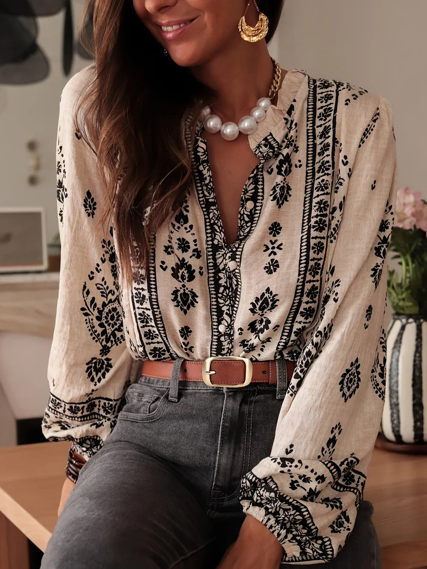 Women’s Printed Blouse – Relaxed Fit Top with Statement Lantern Sleeves