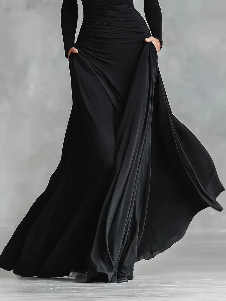 Ceri | Boat-Neck Ruched-Waist Flared Maxi Dress - Elegant Structured Apparel