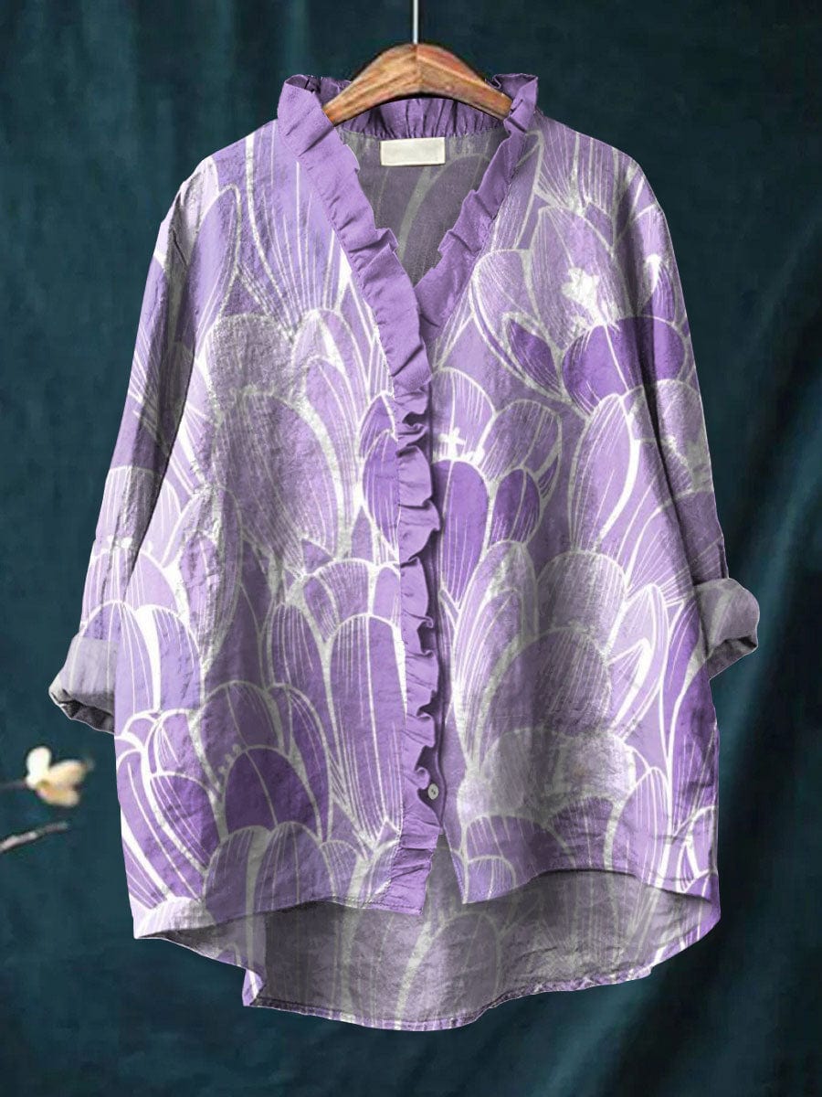 Luned | Floral-Print Ruffle-Trim Button-Front Shirt - Long-Sleeve Casual High-Low Top