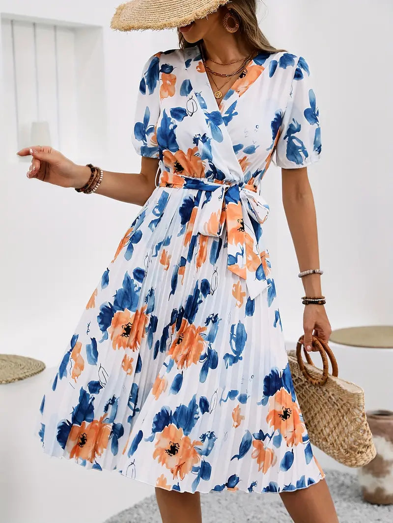 Women's Floral Print Belted Midi Dress – Elegant Pleated Hem Summer A-Line Dress