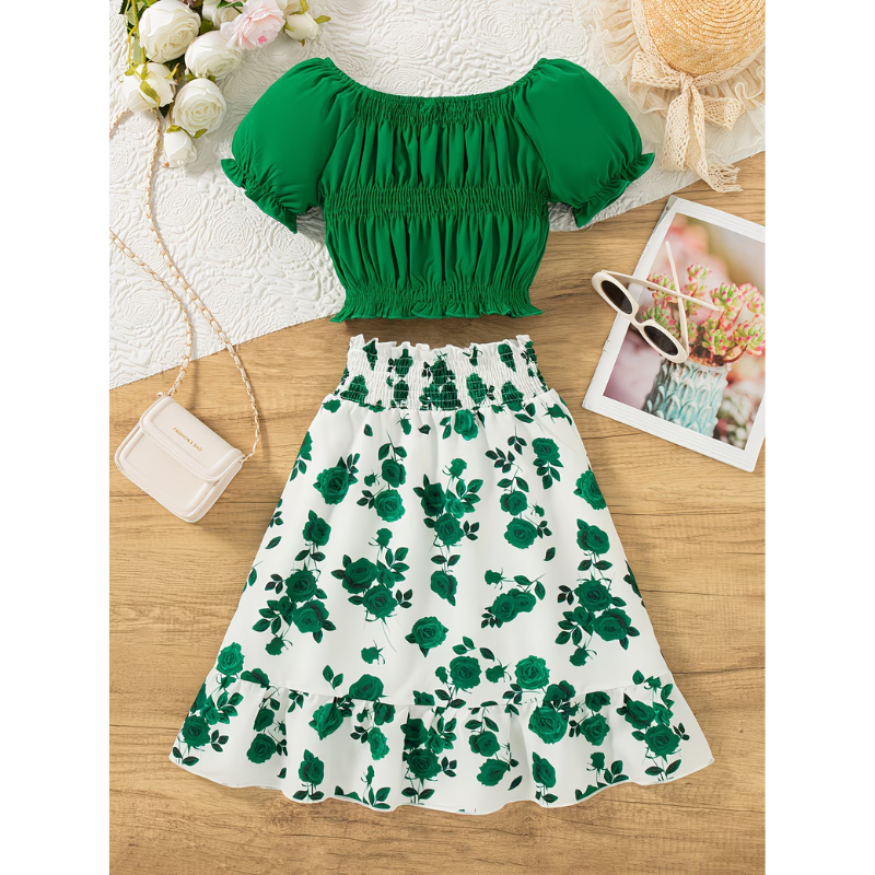 Girls Floral Skirt Outfit Set – Summer Puff Sleeve Top & Matching Casual Two Piece Fashion Set