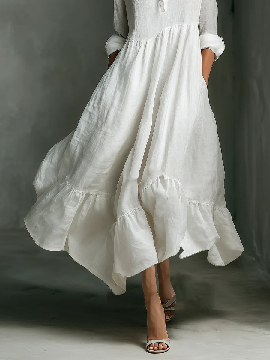 Cora | White Ruffle Maxi Dress – Long Sleeve Flowing Dress
