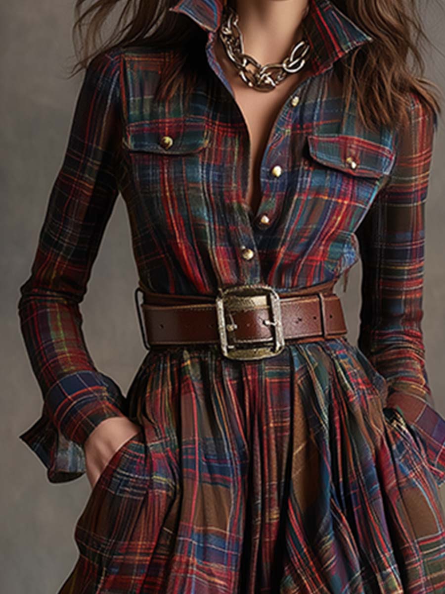 Anwen | Plaid-Pattern Lapel-Collar Belted Maxi Dress - Long-Sleeve Button-Front