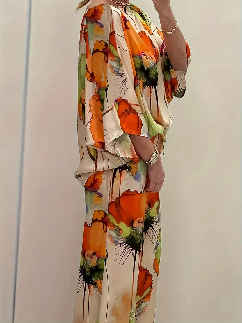 Women's Floral Two-Piece Outfit Set – Flowing Long Sleeve Blouse with Wide-Leg Pants Ensemble