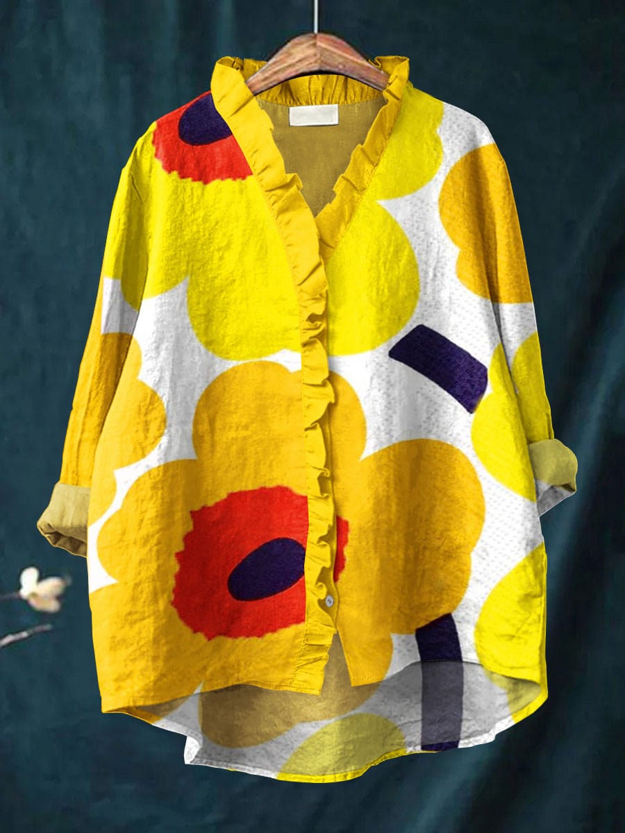 Niobe | Floral-Print Ruffle-Trim Button-Front Shirt - Long-Sleeve Casual High-Low Top