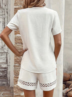 Emma | Lace Crochet Two-Piece Set – Elegant V-Neck Short Sleeve Top with Matching Summer Shorts