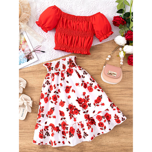 Girls Floral Skirt Outfit Set – Summer Puff Sleeve Top & Matching Casual Two Piece Fashion Set
