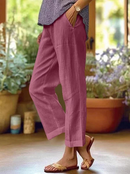 Alora | Cropped Tapered Pants – Linen Style Cuffed Ankle Trousers