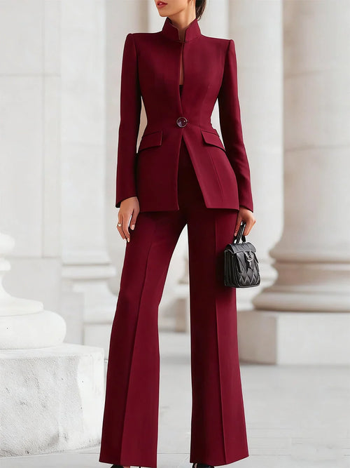 Adelaide | Tailored Mandarin-Collar Single-Button Pant Suit - Professional Two-Piece Set