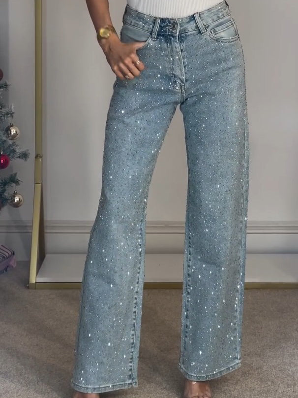 Amanda | Rhinestone-Embellished High-Waist Denim Jeans – Glamorous Fall and Winter Evening Apparel