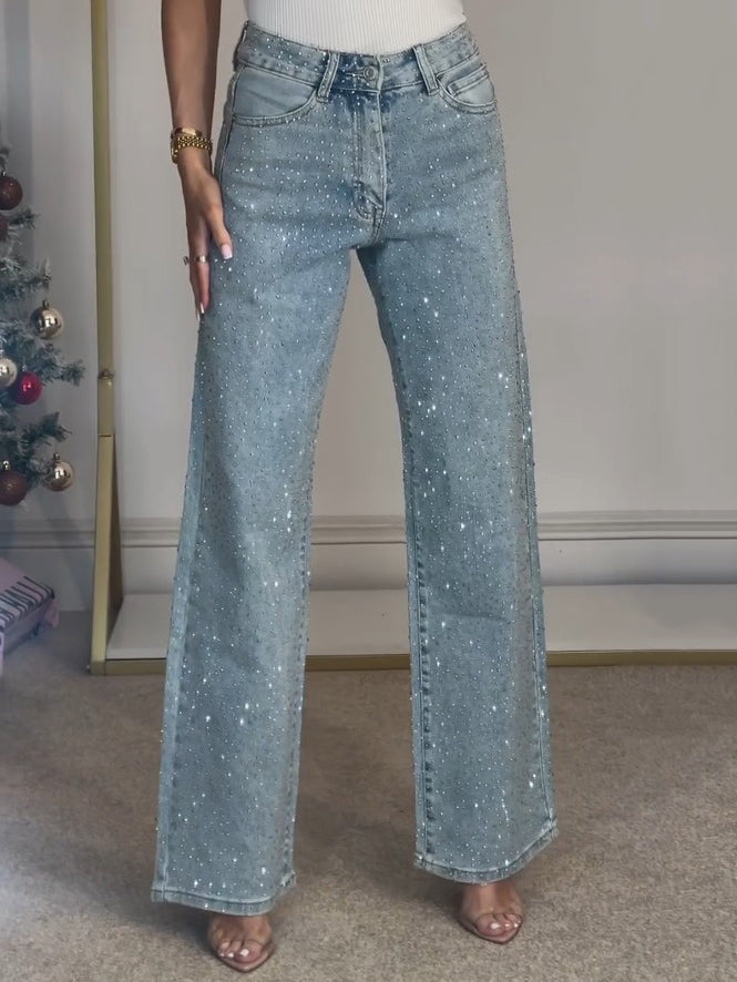 Amanda | Rhinestone-Embellished High-Waist Denim Jeans – Glamorous Fall and Winter Evening Apparel