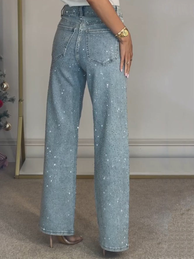 Amanda | Rhinestone-Embellished High-Waist Denim Jeans – Glamorous Fall and Winter Evening Apparel