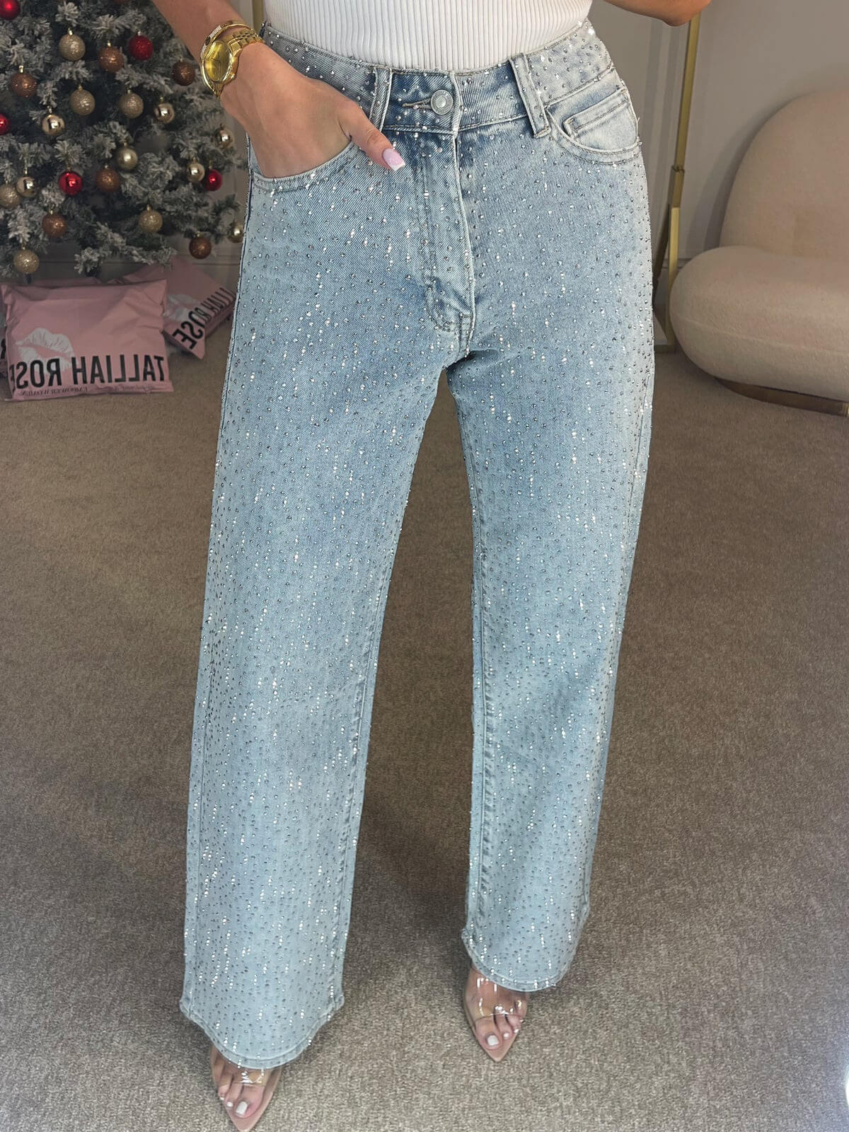 Amanda | Rhinestone-Embellished High-Waist Denim Jeans – Glamorous Fall and Winter Evening Apparel