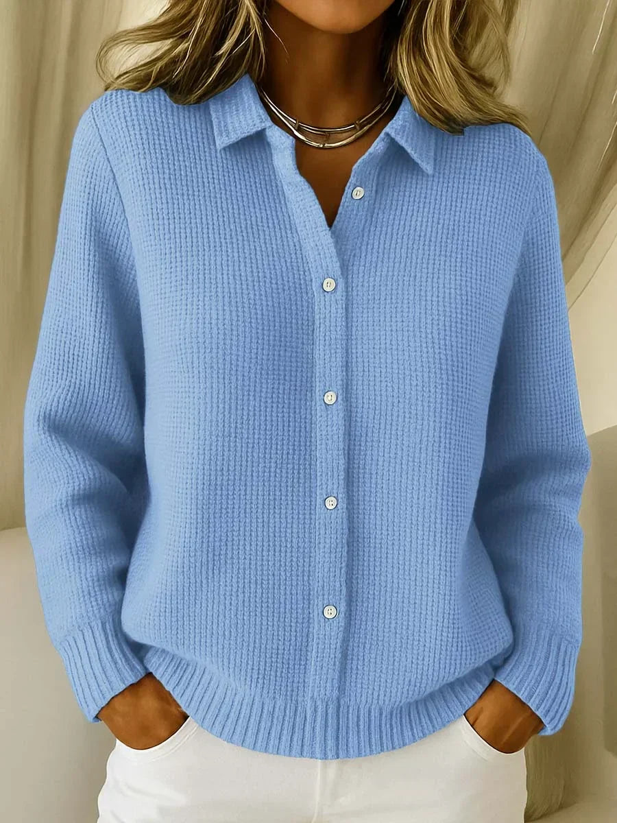 Ameliora | Waffle Knit Button-Front Cardigan - Casual Collared Long-Sleeve Cardigan