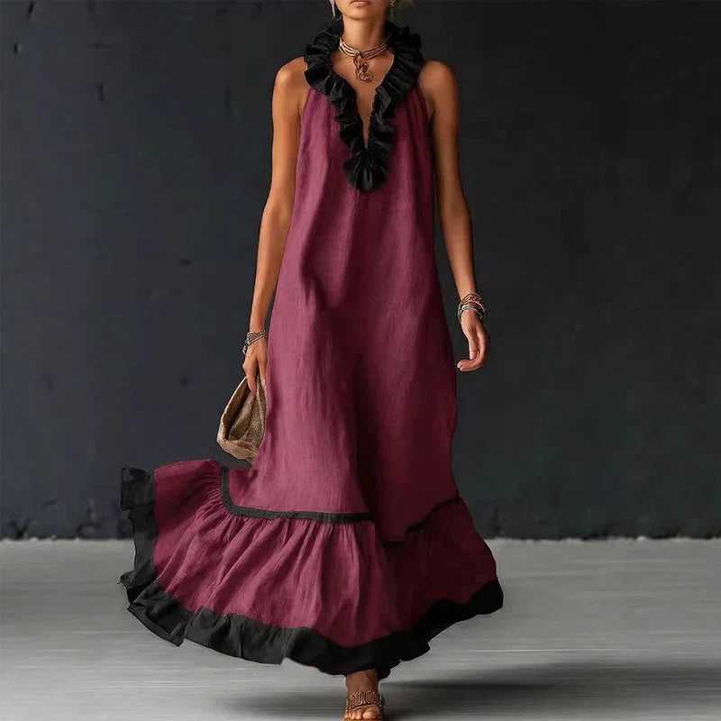 Anastelle | Contrast Ruffle Tiered Maxi Dress - Flowing Bohemian Silhouette