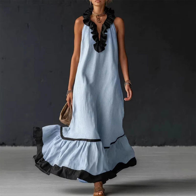 Anastelle | Contrast Ruffle Tiered Maxi Dress - Flowing Bohemian Silhouette