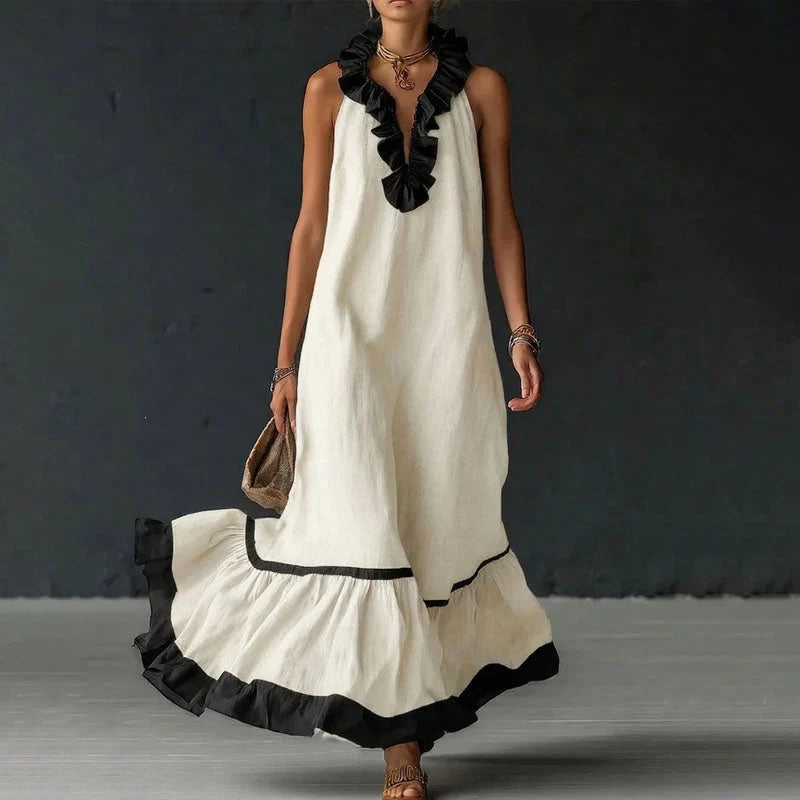 Anastelle | Contrast Ruffle Tiered Maxi Dress - Flowing Bohemian Silhouette