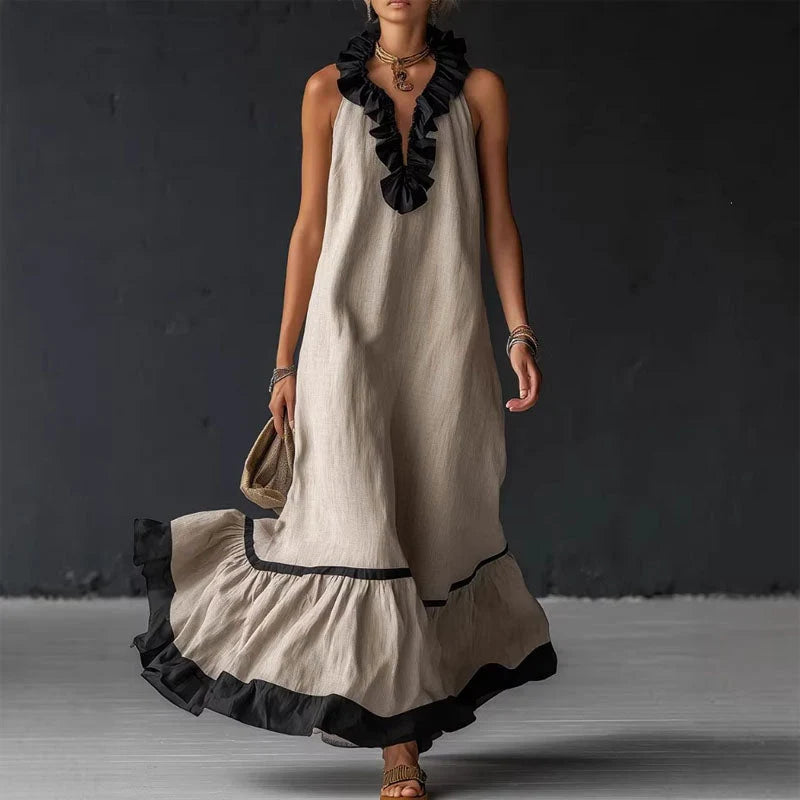 Anastelle | Contrast Ruffle Tiered Maxi Dress - Flowing Bohemian Silhouette