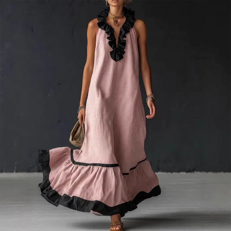 Anastelle | Contrast Ruffle Tiered Maxi Dress - Flowing Bohemian Silhouette