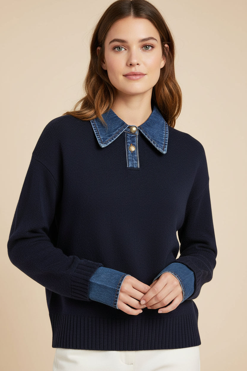 Annabelle | Contrasting Denim-Collar Button-Placket Knit Sweater - Layered-Look Pullover