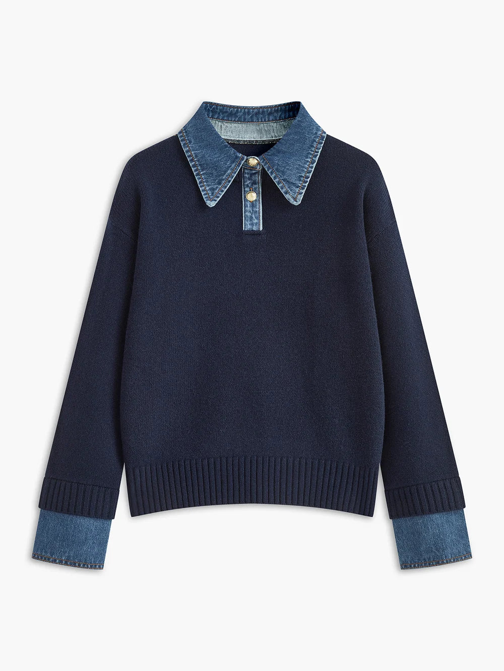 Annabelle | Contrasting Denim-Collar Button-Placket Knit Sweater - Layered-Look Pullover