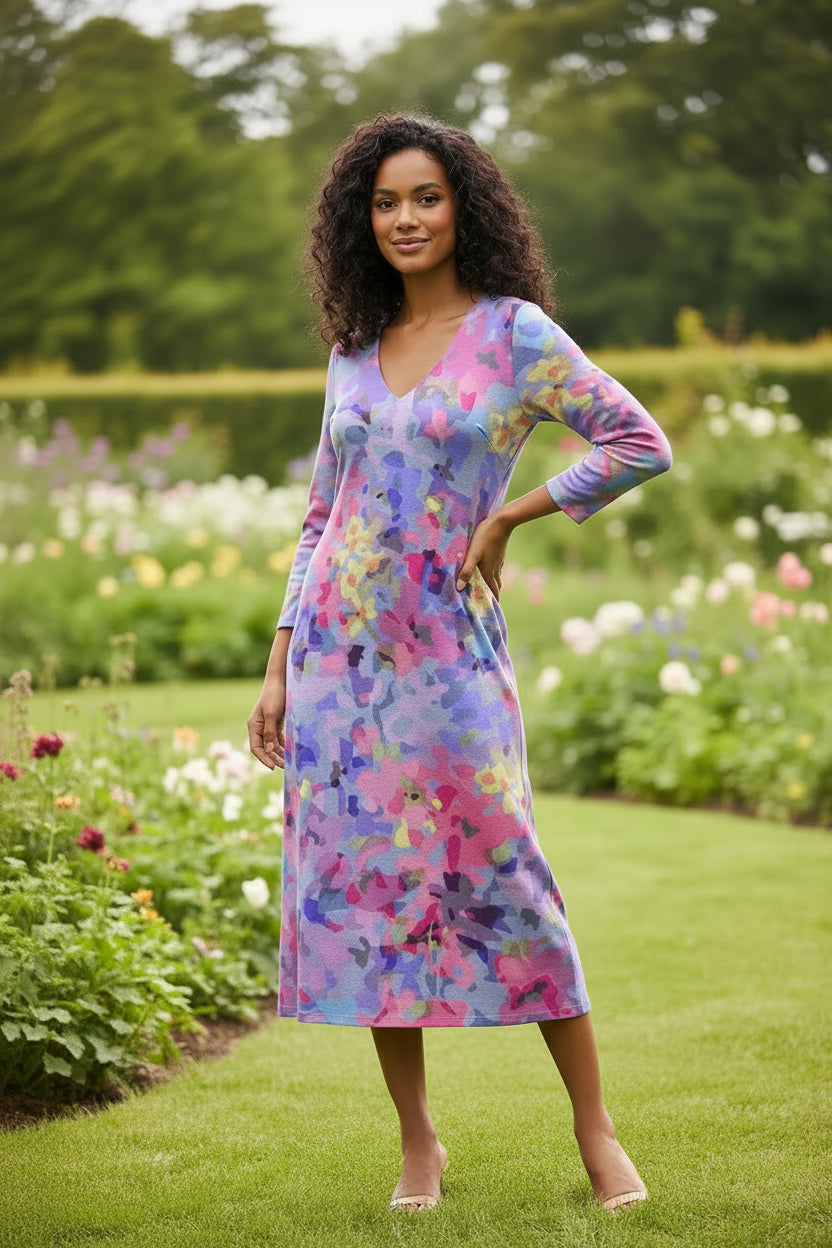 Anya | Floral Midi Dress – V Neck Long Sleeve Printed Dress