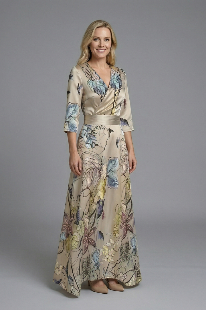 Isla | V-Neck Floral-Print Belted Maxi Dress - Three-Quarter Sleeve Evening Formalwear