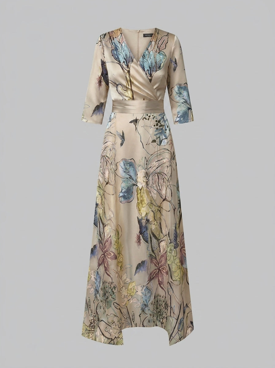 Isla | V-Neck Floral-Print Belted Maxi Dress - Three-Quarter Sleeve Evening Formalwear