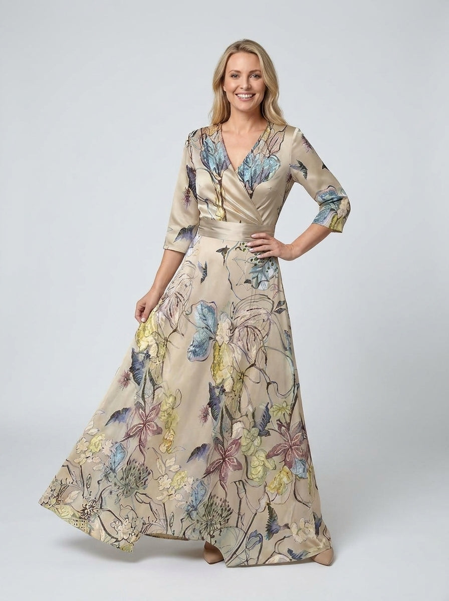 Isla | V-Neck Floral-Print Belted Maxi Dress - Three-Quarter Sleeve Evening Formalwear