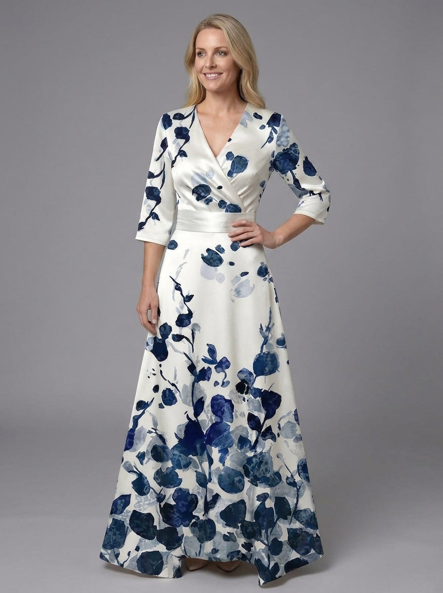 Isla | V-Neck Floral-Print Belted Maxi Dress - Three-Quarter Sleeve Evening Formalwear
