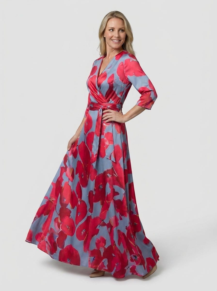 Isla | V-Neck Floral-Print Belted Maxi Dress - Three-Quarter Sleeve Evening Formalwear