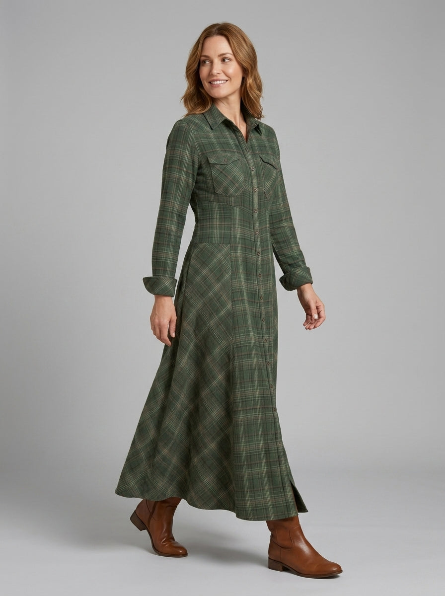 Clementine | Plaid-Print Button-Front Maxi Shirt Dress - Long-Sleeve Lapel Collar Formalwear
