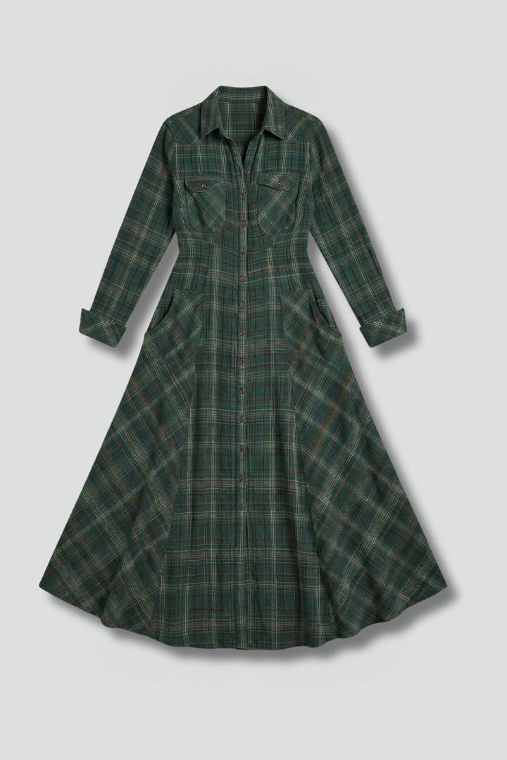 Clementine | Plaid-Print Button-Front Maxi Shirt Dress - Long-Sleeve Lapel Collar Formalwear