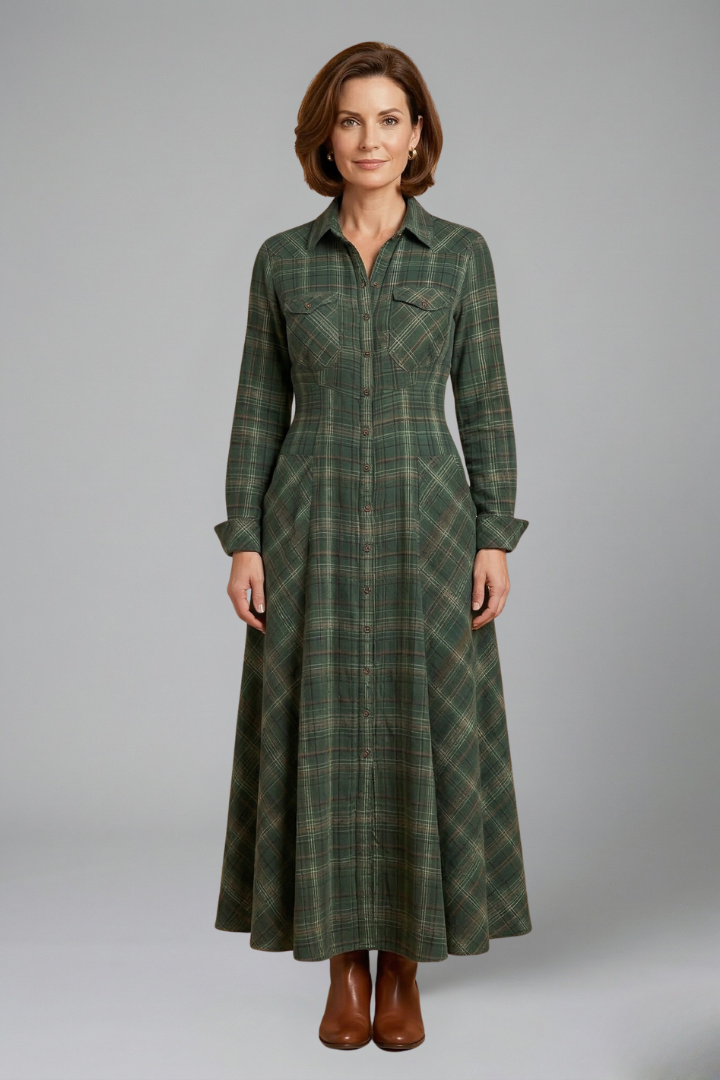 Clementine | Plaid-Print Button-Front Maxi Shirt Dress - Long-Sleeve Lapel Collar Formalwear