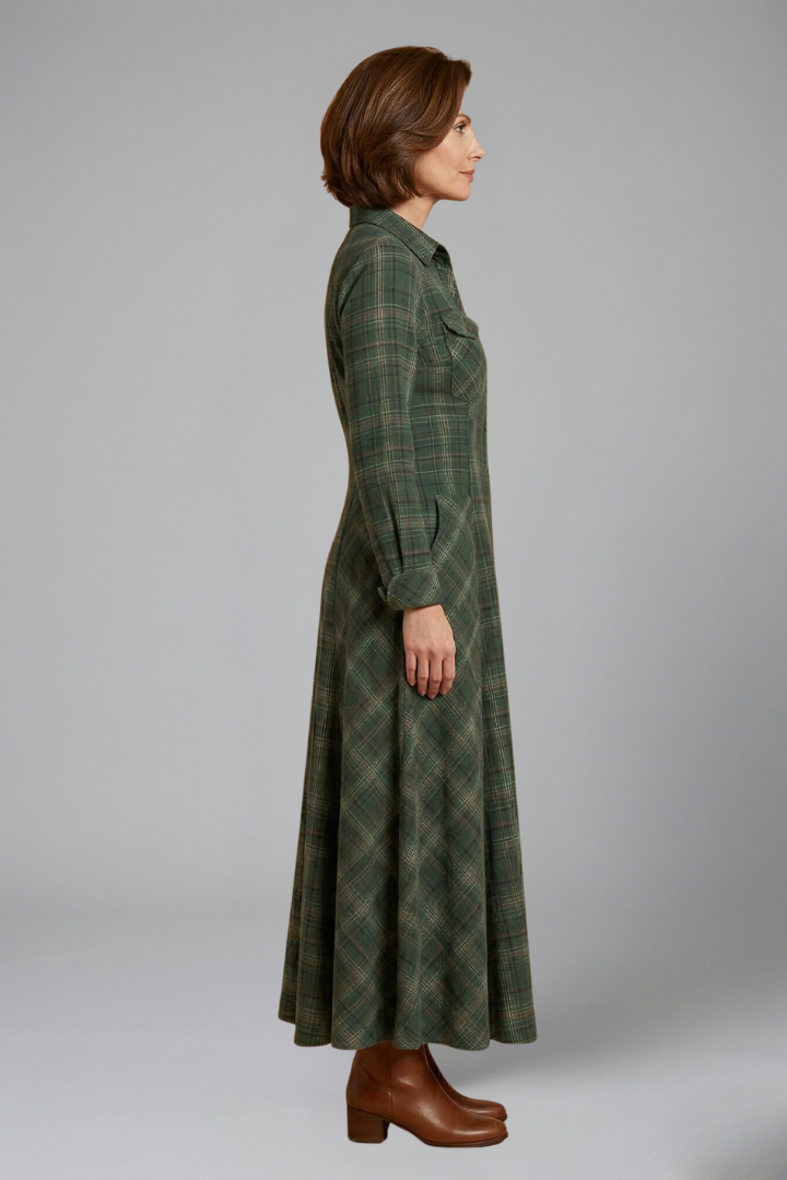 Clementine | Plaid-Print Button-Front Maxi Shirt Dress - Long-Sleeve Lapel Collar Formalwear