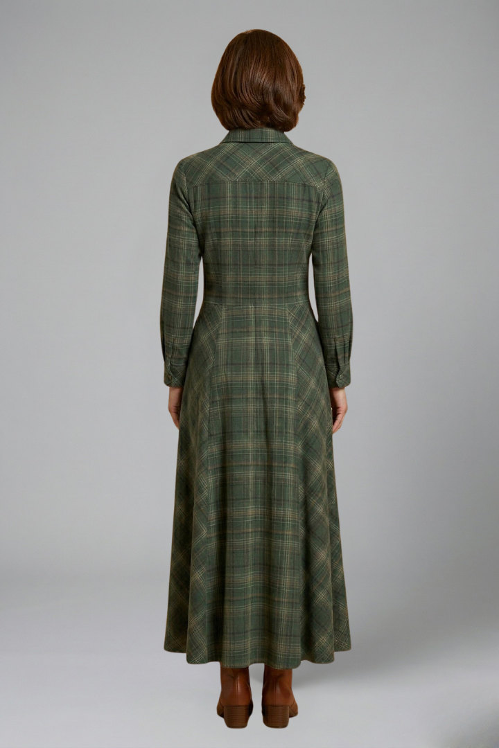 Clementine | Plaid-Print Button-Front Maxi Shirt Dress - Long-Sleeve Lapel Collar Formalwear