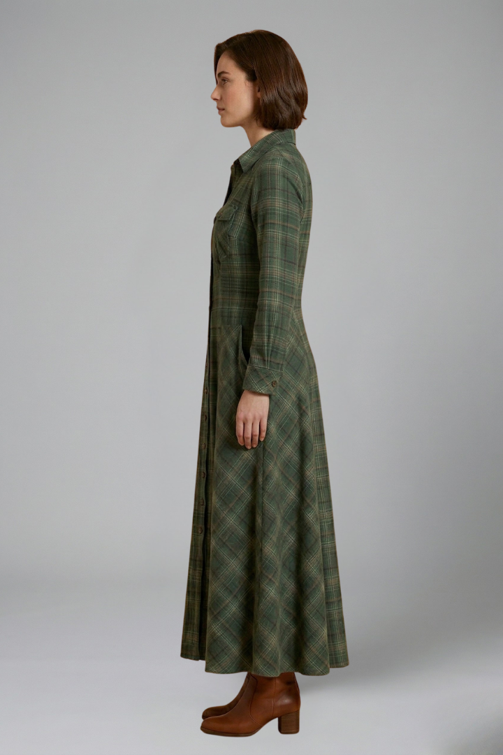 Clementine | Plaid-Print Button-Front Maxi Shirt Dress - Long-Sleeve Lapel Collar Formalwear