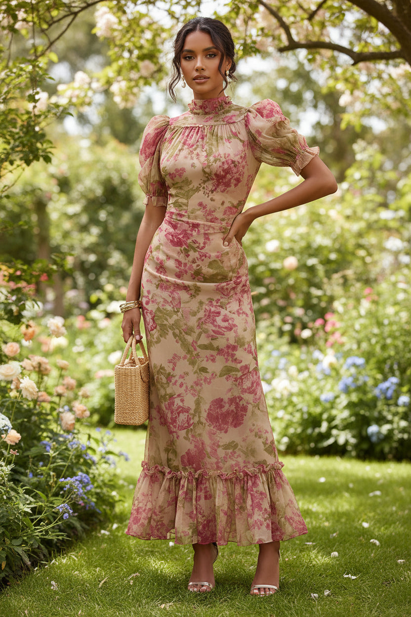 Arielle | Floral Maxi Dress – Puff Sleeve Long Length Dress