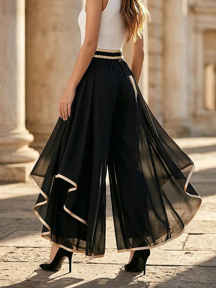 Moanna | Gold-Trimmed Flowy Wide-Leg Palazzo Pants – Sophisticated Fall and Winter Evening Apparel