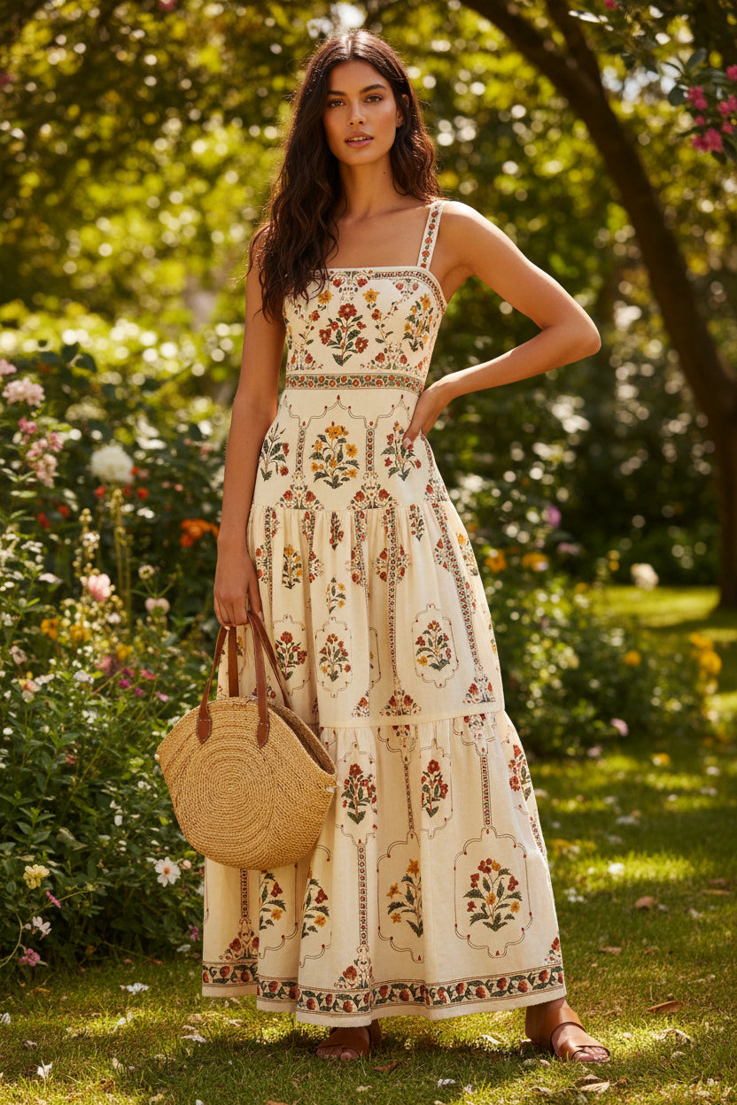 Aveline | Bohemian Floral Tiered Longline Maxi Dress - Romantic Free Flowing Style