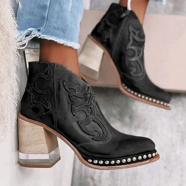 Ayla | Embellished Western Stitched Block Heel Boots - Statement Cowgirl Booties