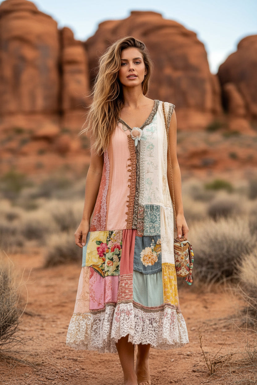 Calista | Lace Trim Maxi Dress – Patchwork Long Dress with Bohemian-Inspired Detail