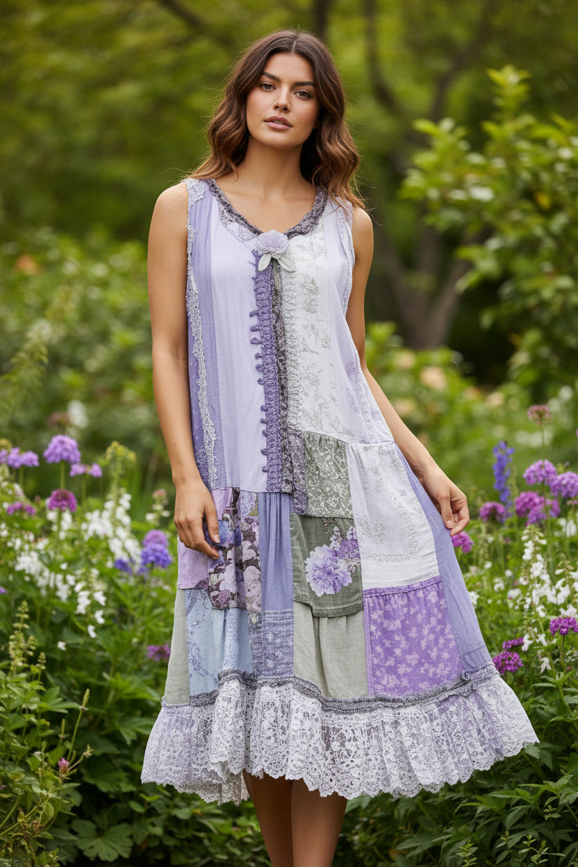 Calista | Lace Trim Maxi Dress – Patchwork Long Dress with Bohemian-Inspired Detail