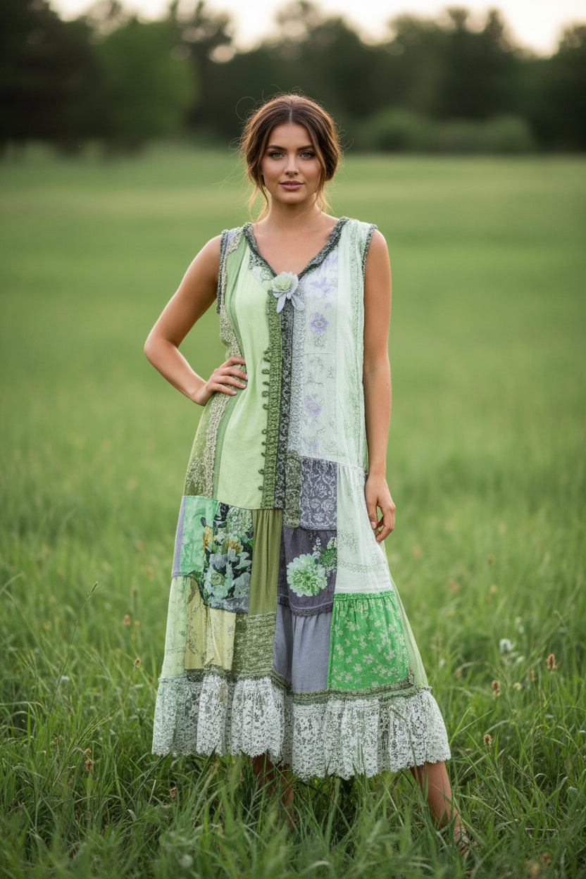 Calista | Lace Trim Maxi Dress – Patchwork Long Dress with Bohemian-Inspired Detail